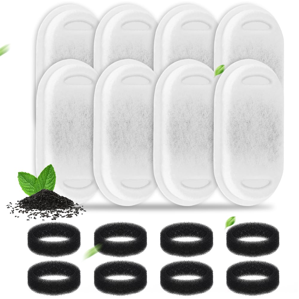 Cat Water Fountain Filter 16 pc for Stainless Steel 108oz/3.2L& 67oz/2L Automatic Pet Water Dispenser Fountian Replacement Filter,Carbon Filter Plus Sponge Foam Filter (White, 8 Filters & 8 Sponges)