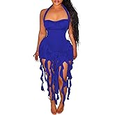 Ecirod Womens Summer Ruffle Fringe Mini Dress Sexy Halter Backless Cocktail Party Short Bodycon Tassel Dresses