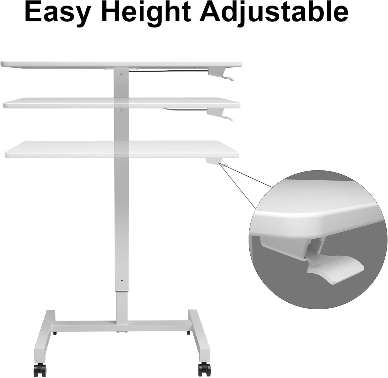 27'' Pneumatic Adjustable Height Desk Mobile Laptop Standing Desk Cart, Portable Sit Stand Rolling Table for Home Office by FitDesk White: Kitchen & Dining