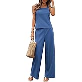 vinglam Women's 2 Piece Outfits Linen Palazzo Tank Top Pantsuits Wide Leg with Pockets Pants Sets