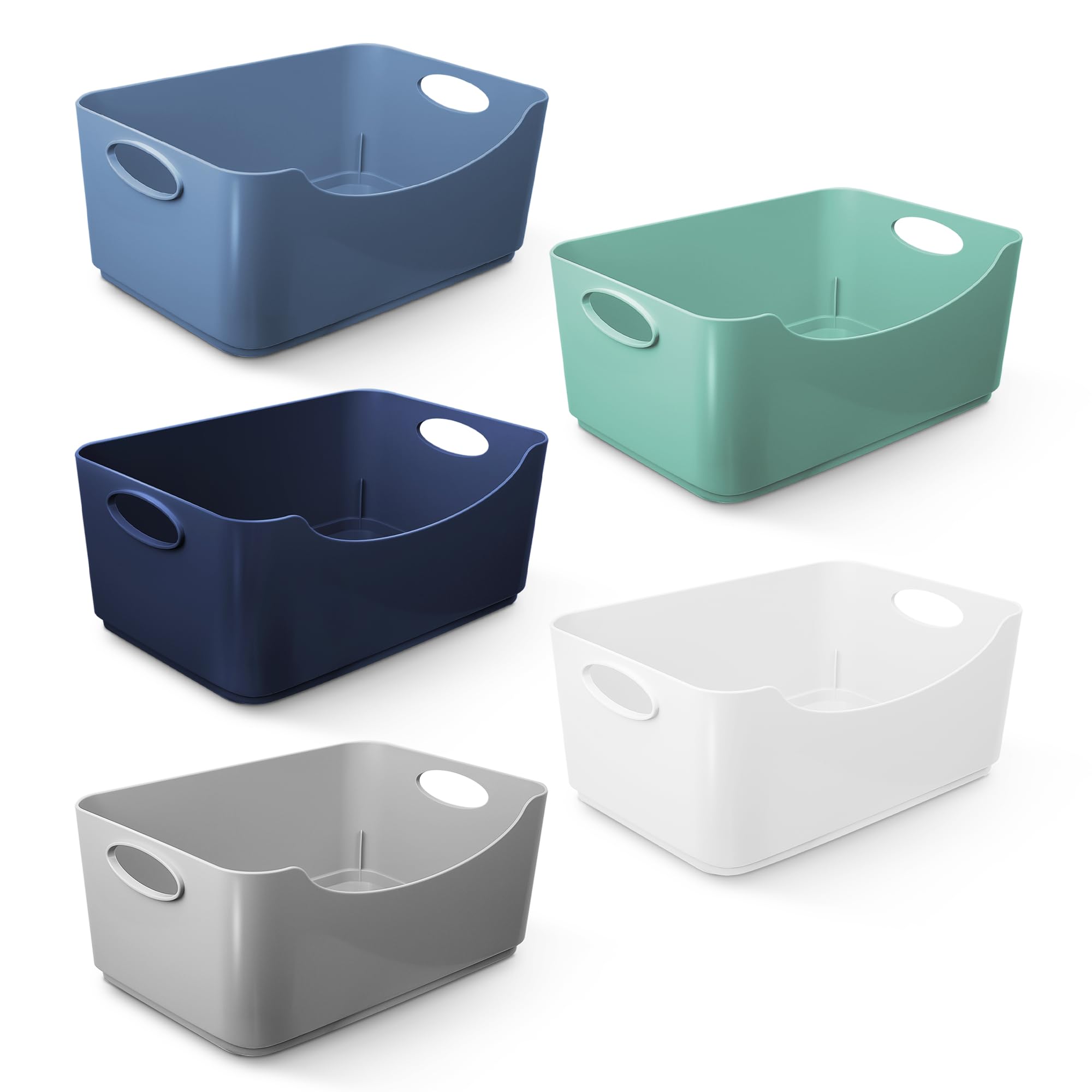 KEPLIN 5 Pack Plastic Studio Baskets with Sturdy Handles, Multi-Purpose Organiser Boxes for Home, Kitchen & Bathroom, Shelves & Drawers, Lightweight Space-Saving Containers, 22.3 x 14.8 x 10 cm