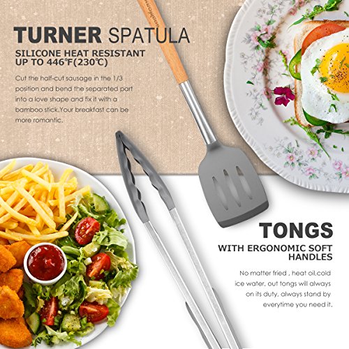 Silicone Kitchen Utensil Set - Godmorn 9 Cooking Utensils Set - Stainless Steel and Wooden Handle Silicone Utensil Set - Silicone Spatula Set Tools for Cooking - Thumbnail 2