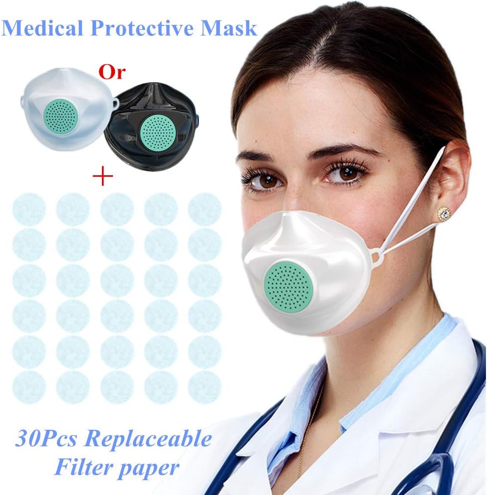 Medical Mask Protective Food Grade TPE Soft Gel Isolate Virus Washable, KN95 Certified + 30 Replaceable Filter Paper… (Black)