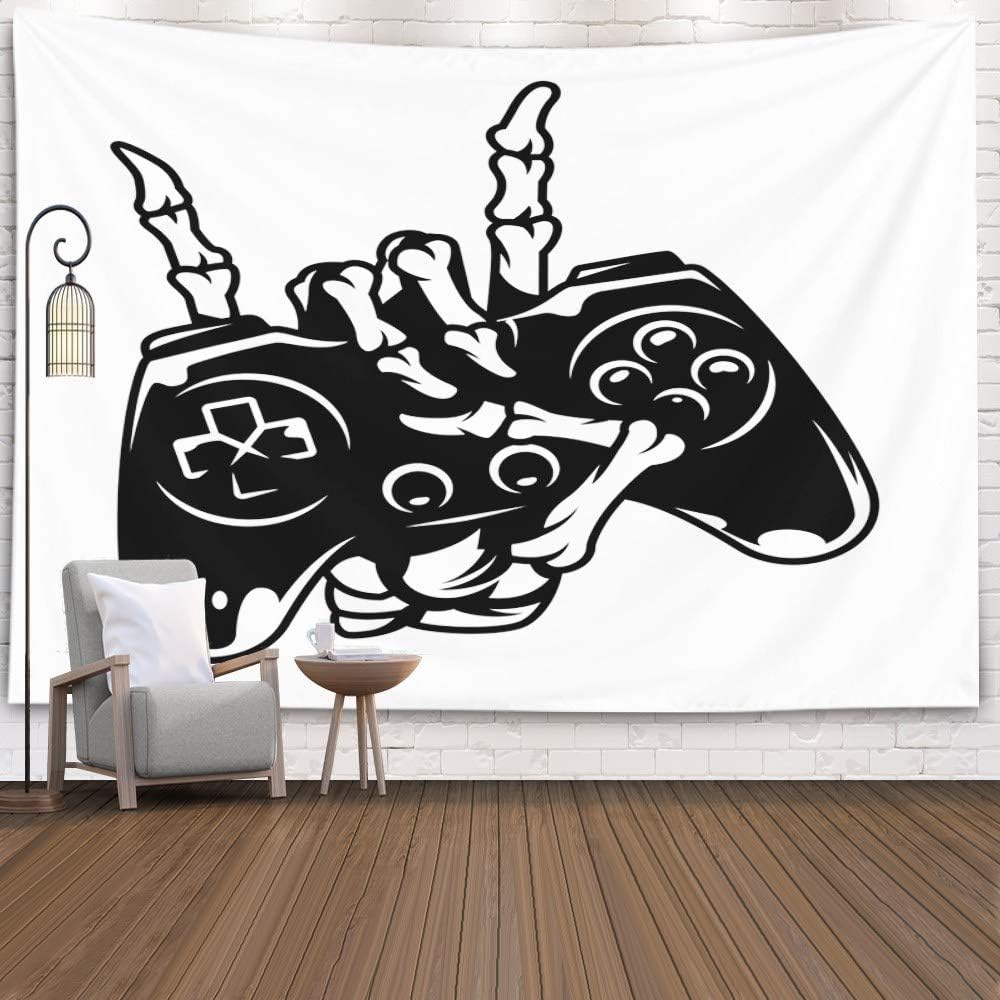 Gaming Wall Tapestry,Crannel Vintage Monochrome Gaming Concept Skeleton Holding Showing Rock Gesture Tapestry 80x60 Inches Wall Art Tapestries Hanging for Dorm Room Living Home Decorative,White Black