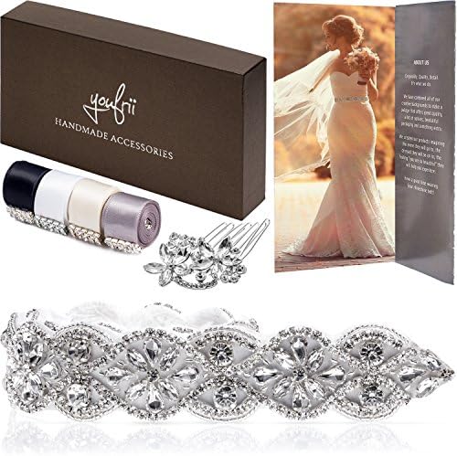 YouFrii Bridal Belt for Women and Wedding Dress Belt Sashes SET - DIY Rhinestone Applique Bridal Sash for dresses - 4 ribbons: white, ivory, silver, black – Rhinestone Bridal Hair Accessory