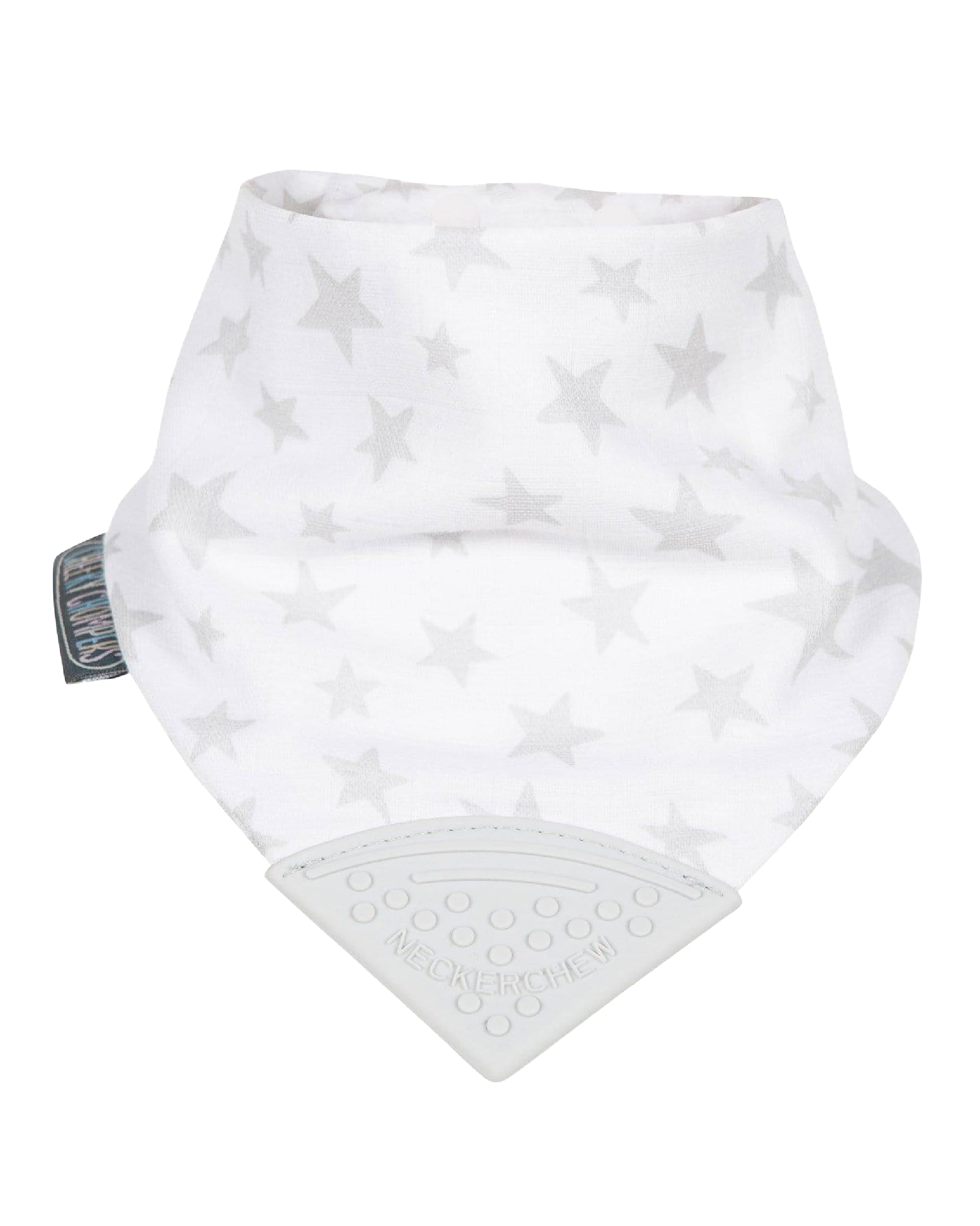 Cheeky Chompers Muslin Baby Bibs with Teether | Super Soft & Absorbent | 2 months+ Teething Bibs | Multi-Award Winning Neckerchew | (Silver Stars, Single)