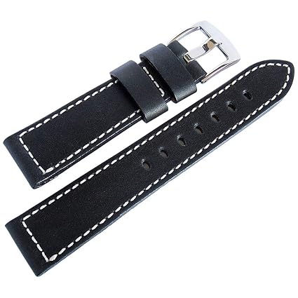 Snow Calf 22mm Black Leather Aviator Mens Watch Strap