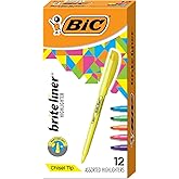 BIC Brite Liner Highlighters, Chisel Tip, 12-Count Pack, Assorted Colors | Ideal for Notes and Textbooks | Translucent Ink for Clear Reading | ACMI-Approved Safe for School Use