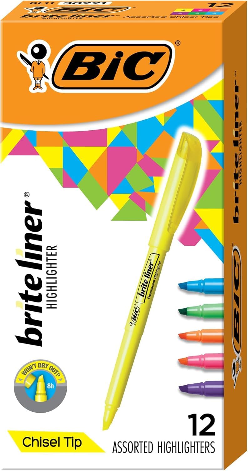 Photo 1 of BIC Brite Liner Highlighters, Chisel Tip, 12-Count Pack of Highlighters Assorted Colors, Ideal Highlighter Set for Organizing and Coloring