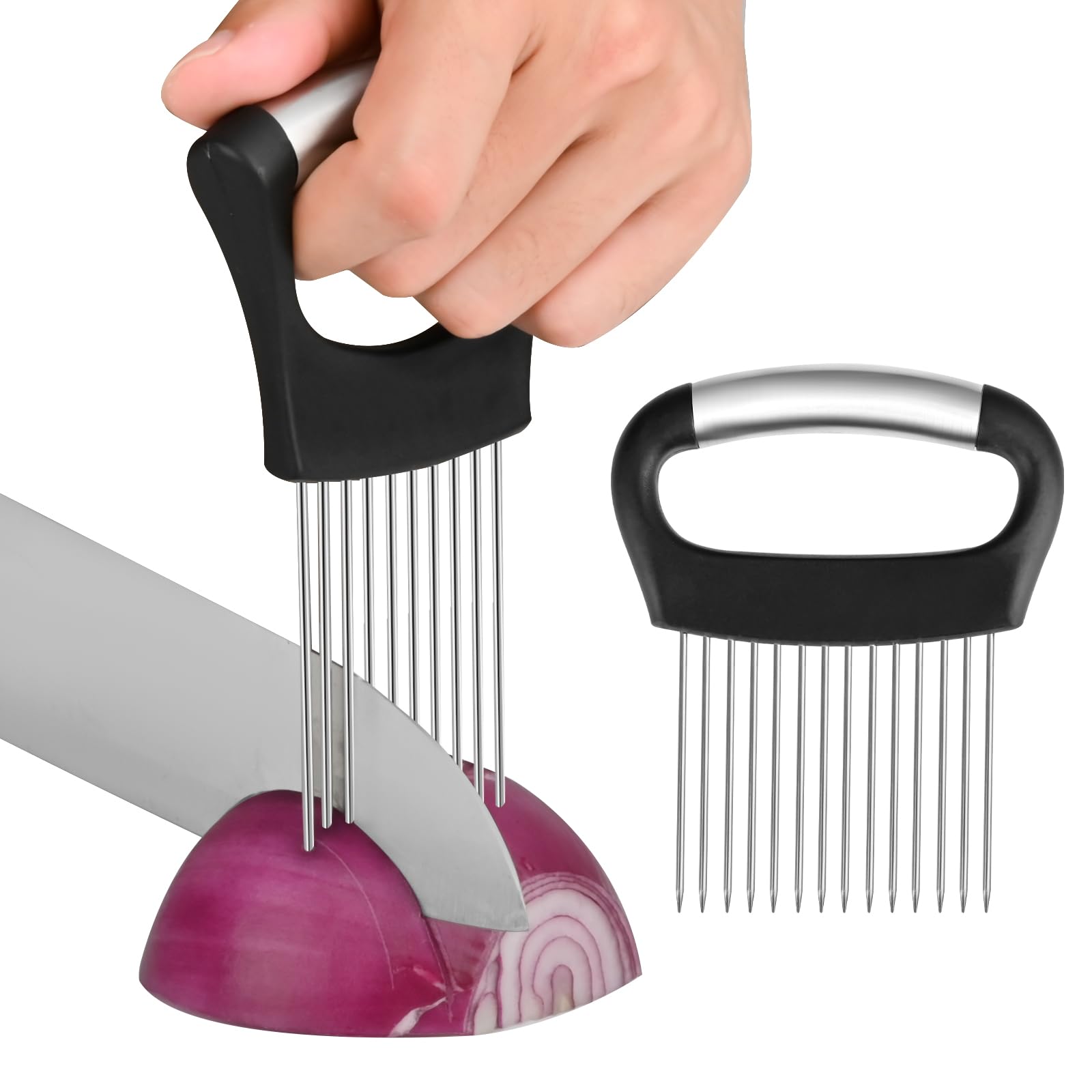 Photo 1 of ?2 PCS?Onion Holder for Slicing - Stainless Steel Vegetable & Fruit Cutter Chopper for Onions, Tomatoes, Avocados, Potatoes, Eggs, Meat & Lemon - Kitchen Slicer Assistant with Neat Guide & Tenderizer.