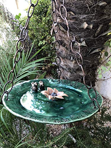 Large Hanging Bird Feeder or Bath with love birds and flower, handmade ceramic garden art