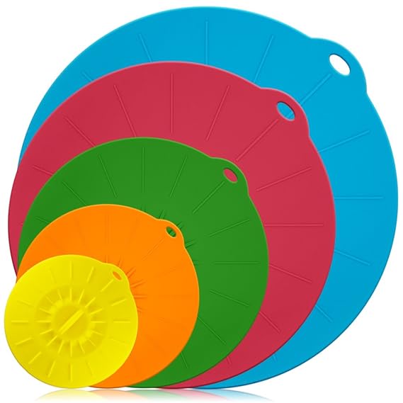 Silikon Schüssel Deckel Set von 5, DLAND wiederverwendbare Saugdichtung Abdeckungen für Schüsseln, Töpfe, Tassen und Mikrowel