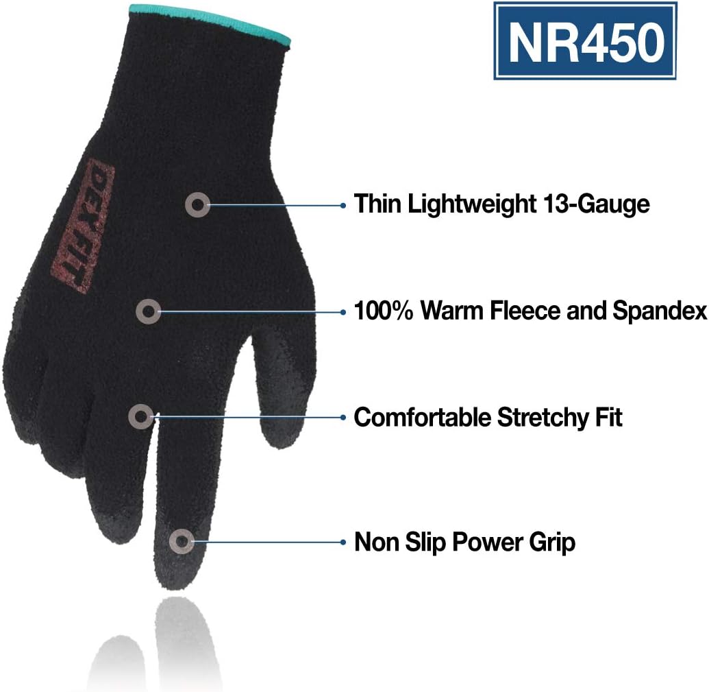 DEX FIT Fleece Work Gloves NR450, Comfort Stretch Fit, Power Grip, Thin & Lightweight, Durable Water-Based Nitrile Coating, Machine Washable, Black Large 3 Pairs - - 