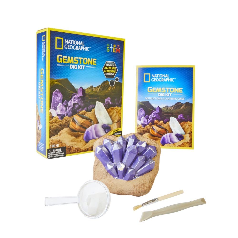 National Geographic Gemstone Dig Kit - Fascinating Gem Excavation Kits for Kids with Authentic Amethyst, Quartz and Tiger's Eye | STEM Educational Science Kits Gifts for 8+ Year Old Boys and Girls