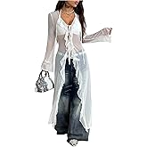 SweatyRocks Women's Sheer Mesh Y2K Tie Front Tops Bell Sleeve See Through Going Out Tops Party Outfits White Large