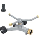 STYDDI Metal Rotating Water Sprinkler for Lawn, Heavy Duty Metal 3-Arms Whirling 360 Degree Automatic Rotary Sprinkler with Wheeled Base for Small Areas, Garden, Yard, Cover up to 1,384 Sq. ft.
