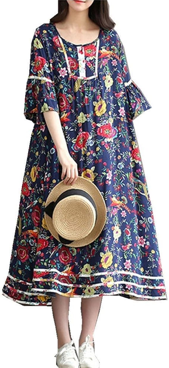 Amazon Sisaroレディースワンピース 森ガール 綿 花柄プリント フレアスリーブ ナチュラル系 大きいサイズ マキシワンピース ゆったり ワンピース チュニック 通販