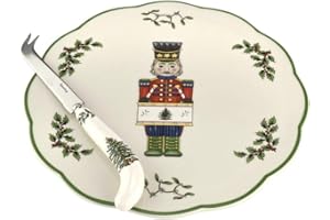 Spode Christmas Tree Nutcracker 2 Piece Cheese Plate with Knife | 9 Inch Serving Plate for Cheese and Charcuterie | Made from