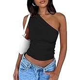 zhaistar Women's One Shoulder Tank Top Sleeveless Ruched Slim Fit Y2K Basic Going Out Crop Tops