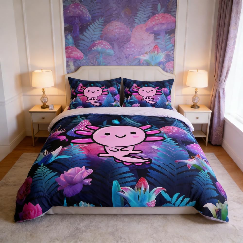 Loussiesd Cute Axolotl Bedding Set for Kids Boys Double Bedroom Cartoon Salamander Bed Duvet Cover Set,Mushroom Leaves Comforter Cover Purple Pink Blue Decor 3 Pieces 1 Duvet Cover