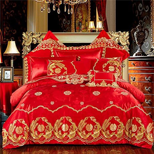 EsyDream Chinese Wedding Red Bedding Set Double happiness Gold Phoenix Bird 60s Satin Jacquard Lace Embroidery Luxury Wedding Duvet Bedlinen Sets,King Size (6PC/Set)