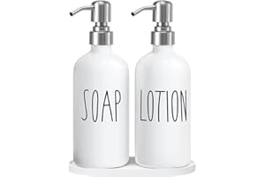 MOMEEMO Hand Soap Dispenser for Bathroom, Soap and Lotion Dispenser Set with Silver Metal Pump, Suitable for Farmhouse Bathroom Decor. (White & Silver)