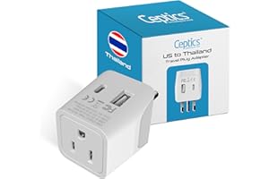 Ceptics Thailand Travel Plug Adapter – Type O Power Adapter with USB-C & A + USA Input – Ultra Compact,3-in-1 Safe Grounded Adapter Plug for Thailand