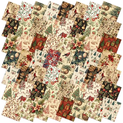 Fanfanwin 100 Pcs 5 x 5 Inch Vintage Christmas Quilting Fabric Christmas Fat Squares Patchwork Strips Santa Red Cardinal Precut Fabric Bundles for Xmas Handmade Crafting DIY Craft Sewing Material