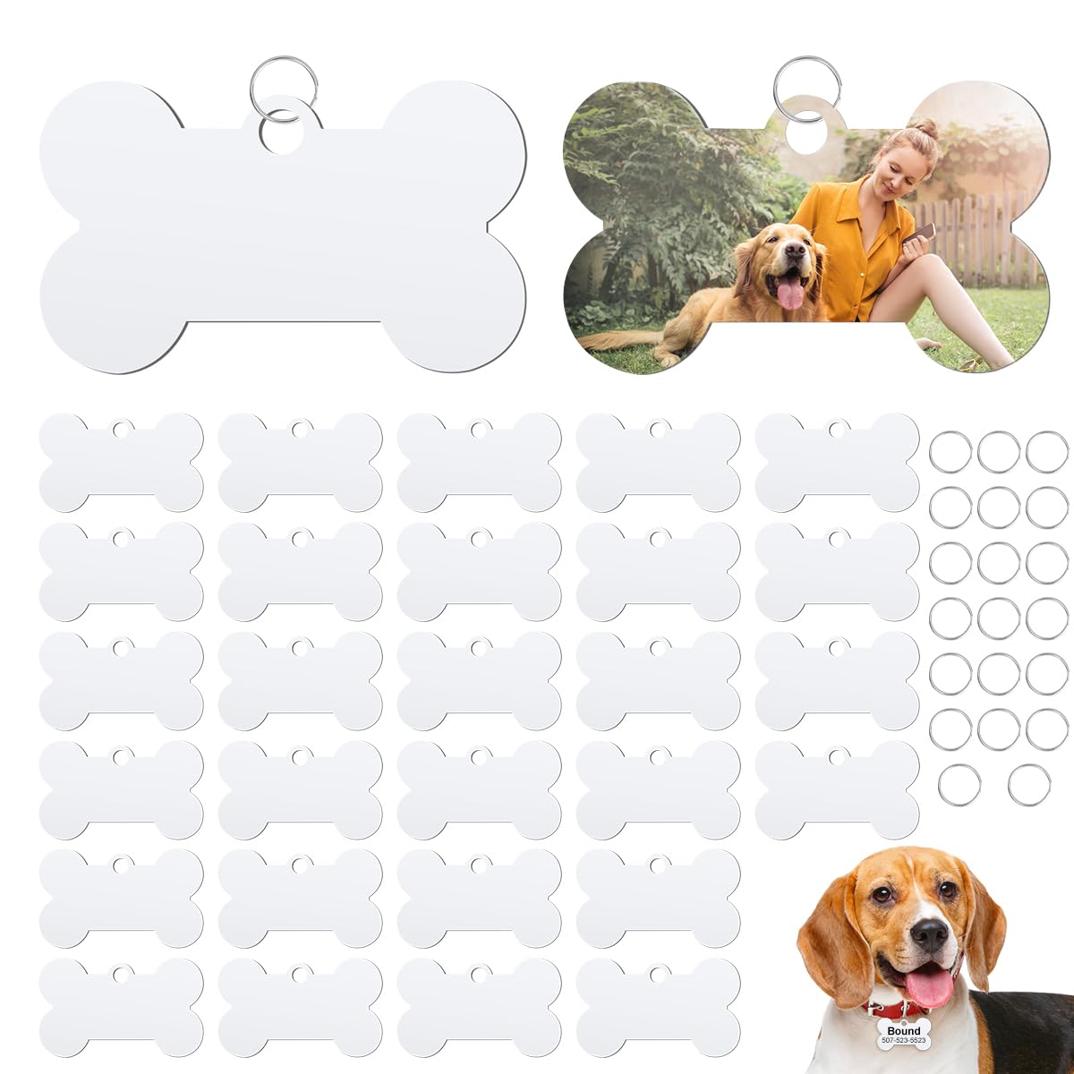 FAURAPMNG 30 Pcs Sublimation Aluminum Dog Tags, Bone Shaped, Double Sided, 38x25mm, 30 Tags