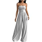 OYOANGLE Women's Strapless Jumpsuits Ruched Wide Leg Tube Romper Vacation Going Out Summer Outfits