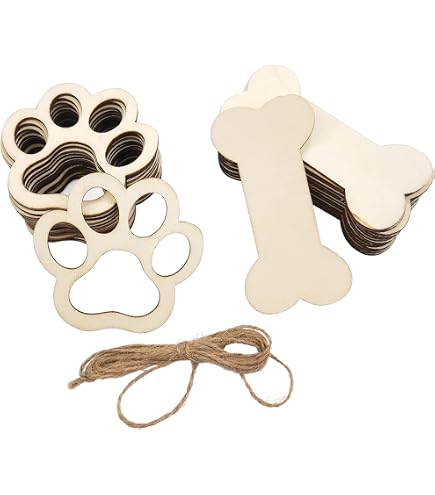 36 Pcs Christmas Dog Bone & Paw Wood Cutouts - DIY Ornaments, Gift Tags, Craft Embellishments With Plaid Bows 13 thumbnail image