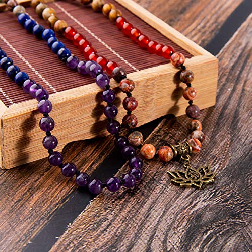 Bivei 7 Chakra 108 Mala Beads Bracelet Real Healing Gemstone Yoga Meditation Hand Knotted Mala Prayer Bead Necklace(Lotus OM) - Thumbnail 4