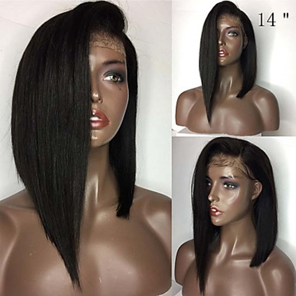 MZP Women Human Hair Lace Wig Human Hair Full Lace Glueless Full Lace 130% Density Straight Wig Black Short Medium Length African American, 130%