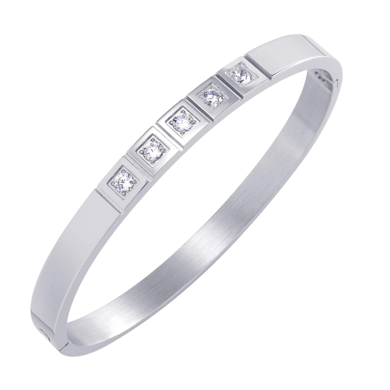 555Jewelry Stainless Steel Cubic Zirconia Cuff Hinged Bangle Bracelets for Women, Designer Inspired Cuff Bangle Bracelets for Women, Bracelets for Men, Silver