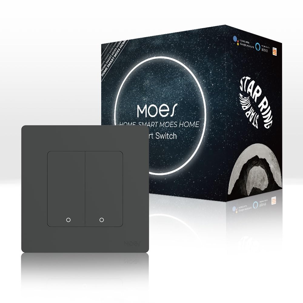 MOES STAR RING ZigBee Smart Switch, 10A, No Neutral Line No Capacitor, Compatible with MOES/Smart Life App Remote Control, Timer, Alexa Google Home Voice Control, Requires ZigBee Hub, 2 Gang-Grey