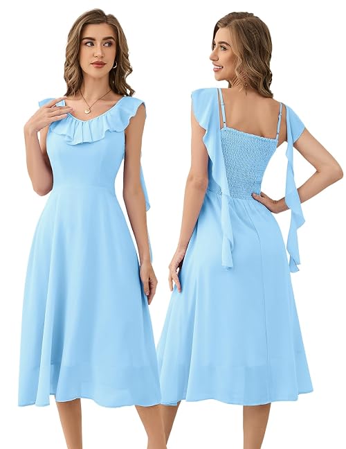 HomRain Ruffle Formal Dress Elegant Blue Funeral Chiffon Cocaktail Dresses for Women 2025 Blue L