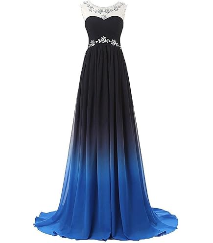 HUORUYK One Shoulder Ombre Chiffon Prom Dresses 2024 Long Gradient Evening Black Blue 0 at Amazon Women's Clothing store