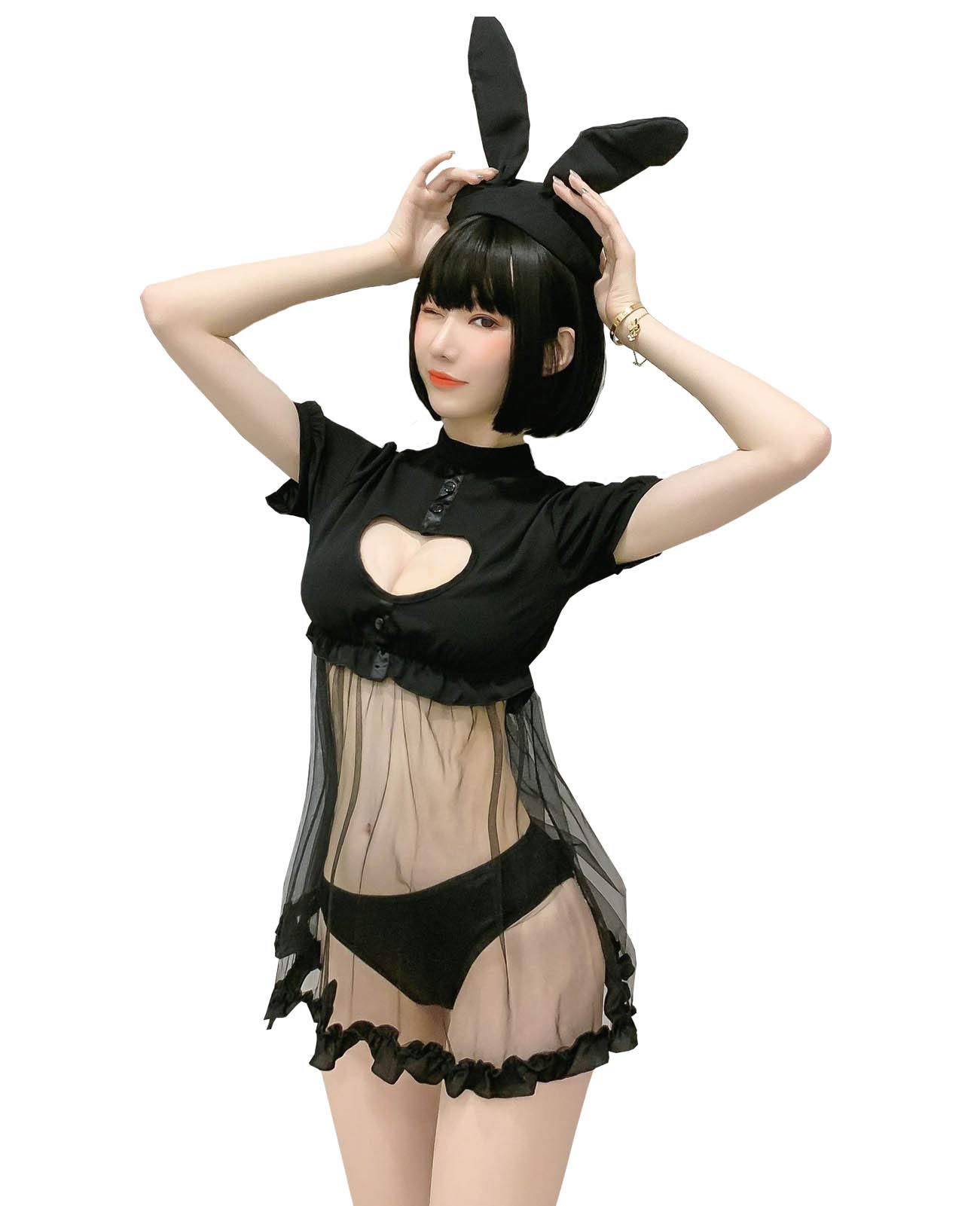 YUANMO Sexy Bunny Cosplay Lingerie Dress Kawaii Anime Kitten Keyhole Costume Cute Maid Outfit Japanese Lolita Underwear Black