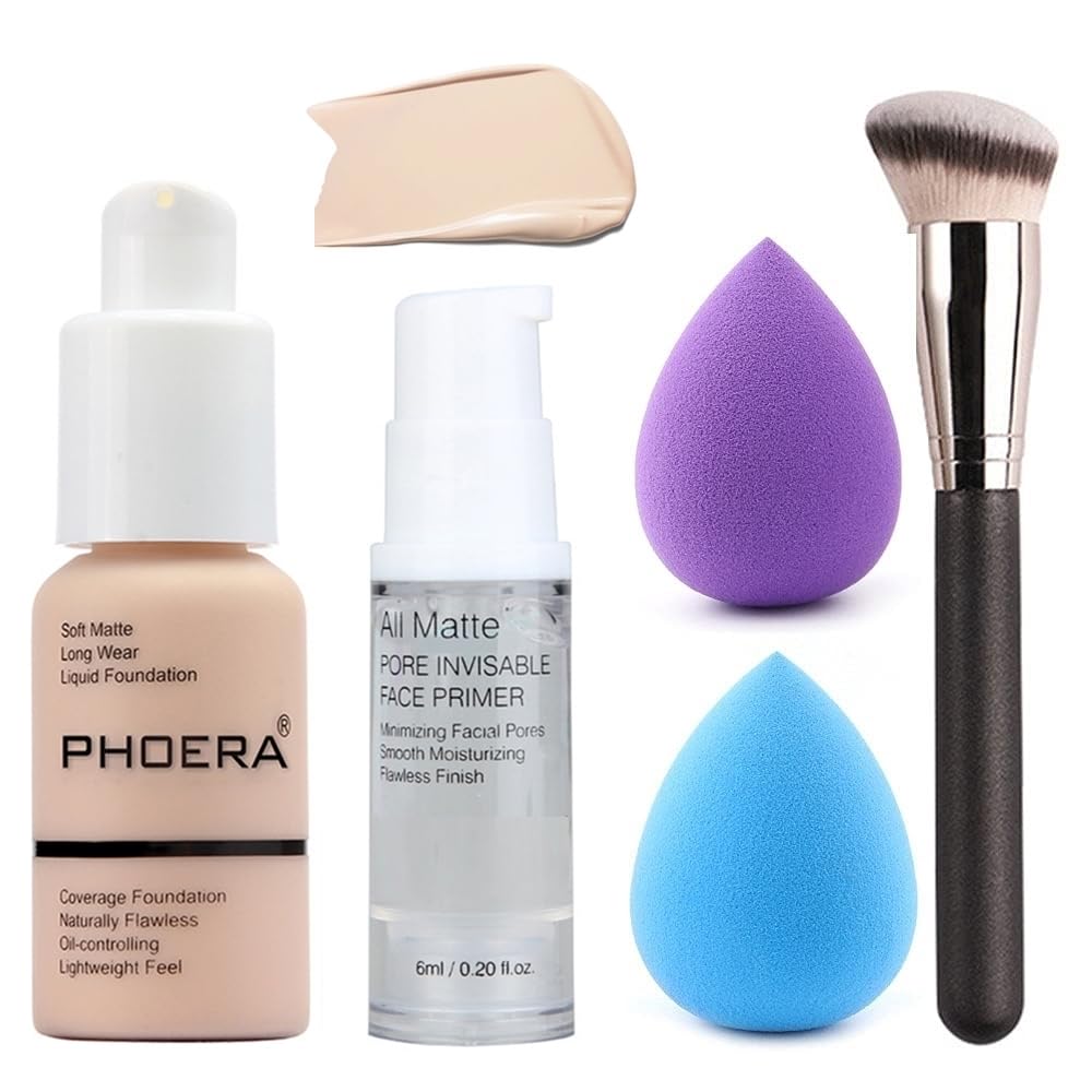 HQDA 5PCS Matte Liquid Full Coverage Foundation Set with Face Primer, Foundation Brush, Makeup Sponge (#101)