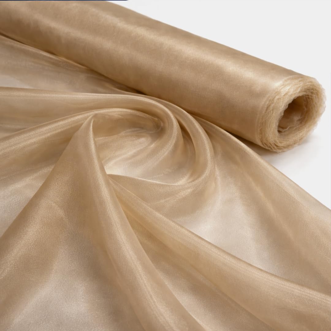 Midland Textiles Old Gold 5 Meter Pack Plain Sheer Lightweight Organza Voile Drape Curtain, Wedding, Chair Sash Fabric 150cm Wide
