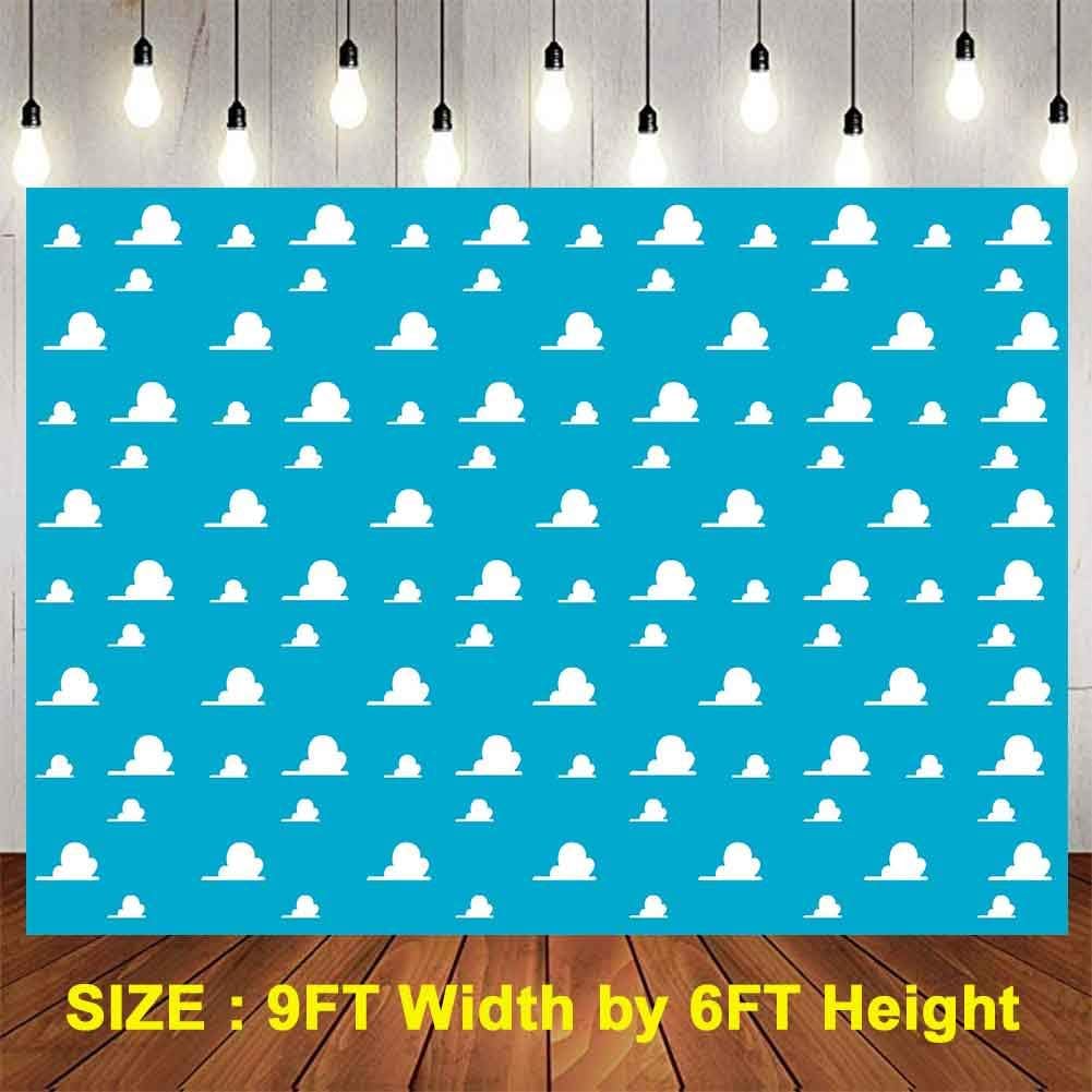 LUCKSTY Blue Toy Story Backdrops for Photography 9x6FT White Clouds Wall Paper
