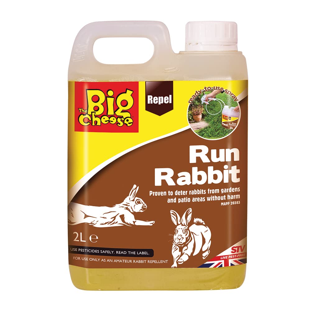 The Big Cheese Run Rabbit Repellent – 2 L with Backpack Sprayer. Ready-To-Use. Humane Deterrent. Prevents Burrowing, Foraging and Fouling. Ideal for Gardens, Flowerbeds, Crops and Patio Areas