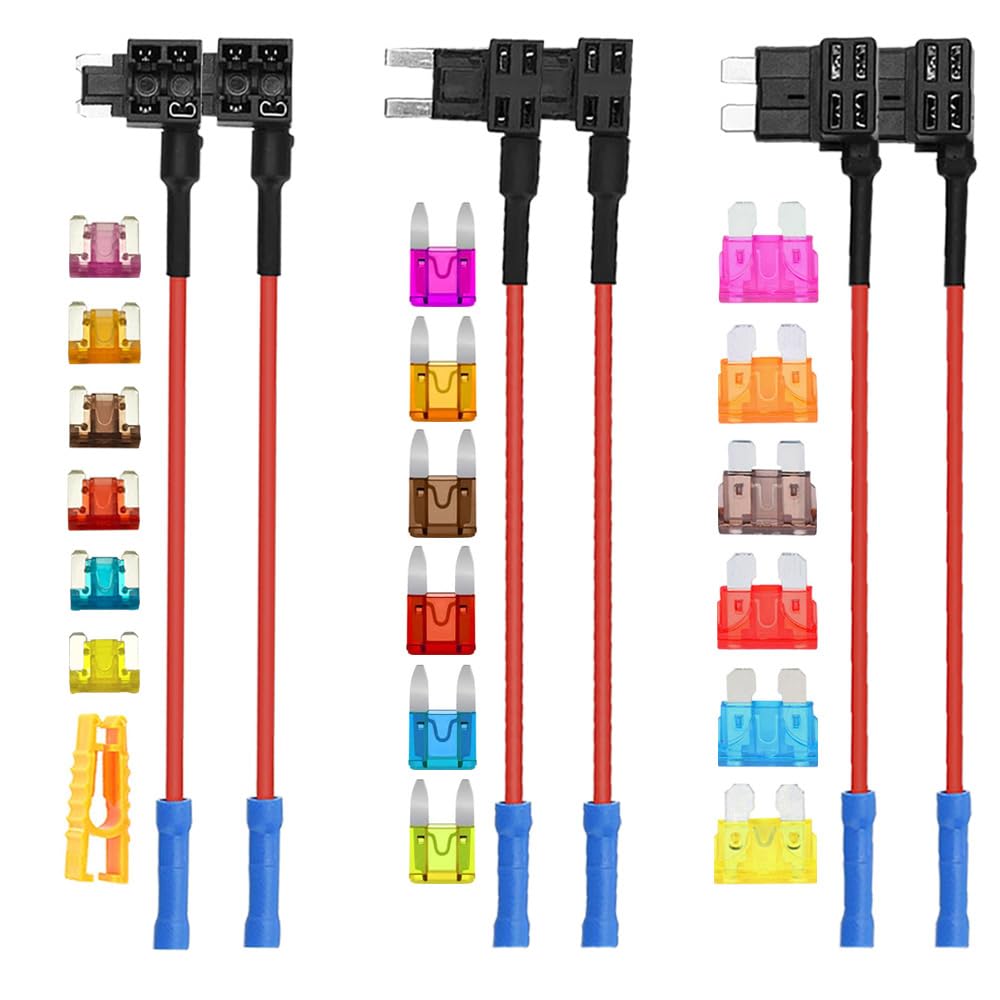 Aiqeer 6 Pieces 12V / 24V Piggy Back Fuse Holders Set, Car Add-a-Circuit Fuse Tap with Wire Harness, Free 18 Pieces Blade Fuses and Fuse Puller (Crimp Terminal)
