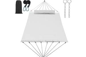 GAFETE 14ft Two Person Outdoor Hammock, Portable Camping with Folding Steel Spreader Bar, Carrying Bag, Carabiners, Tree Straps, Pillow & Sidebag, Quick Dry Textilene, 550 lbs Capacity (Ivory)