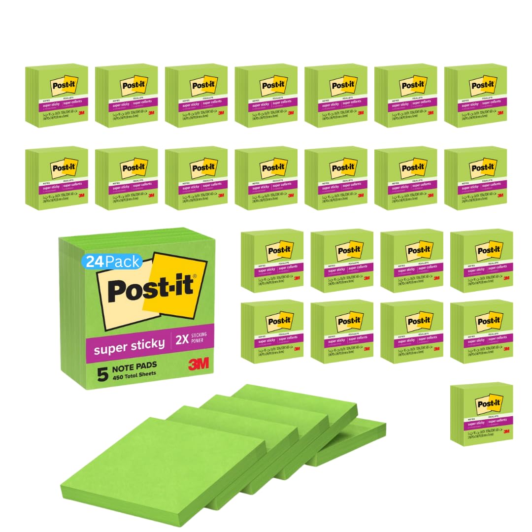 Post-it Super Sticky Notes 654-5SSLE, 3 in x 3 in (76 mm x 76 mm), Limeade - (24 Pack) Image
