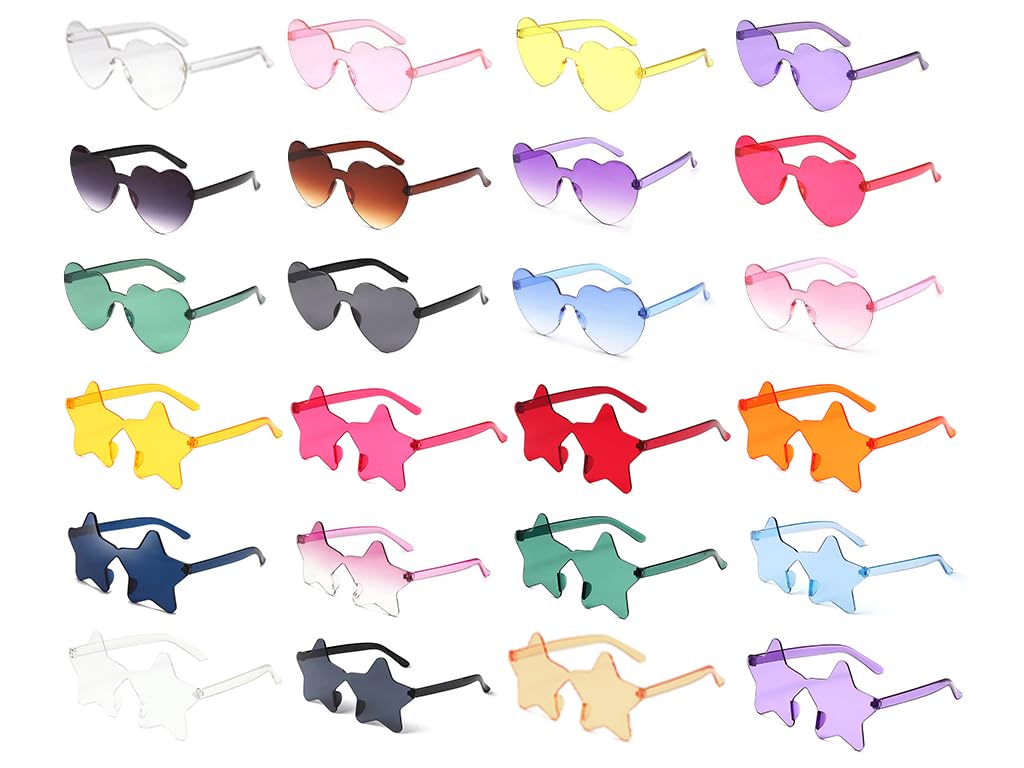Anlising 24PCS Heart Shaped Party Glasses, Rimless Heart Sunglasses, Frameless Star Sunglasses, Love Heart Shaped Glasses, Star Shaped Sunglasses, for Beach Decorations, Party, Photo Props