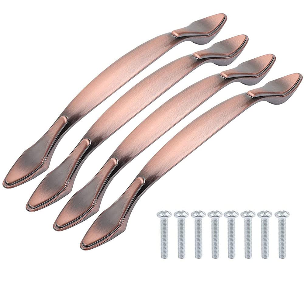 Amasawa 4 Pieces Vintage Cabinet Handles,Furniture Door Pull Handles,Kitchen Door Handles,Antique Bow Pulls,Antique Kitchen Cupboard Handles,with Screws,(Red Bronze,128 mm)
