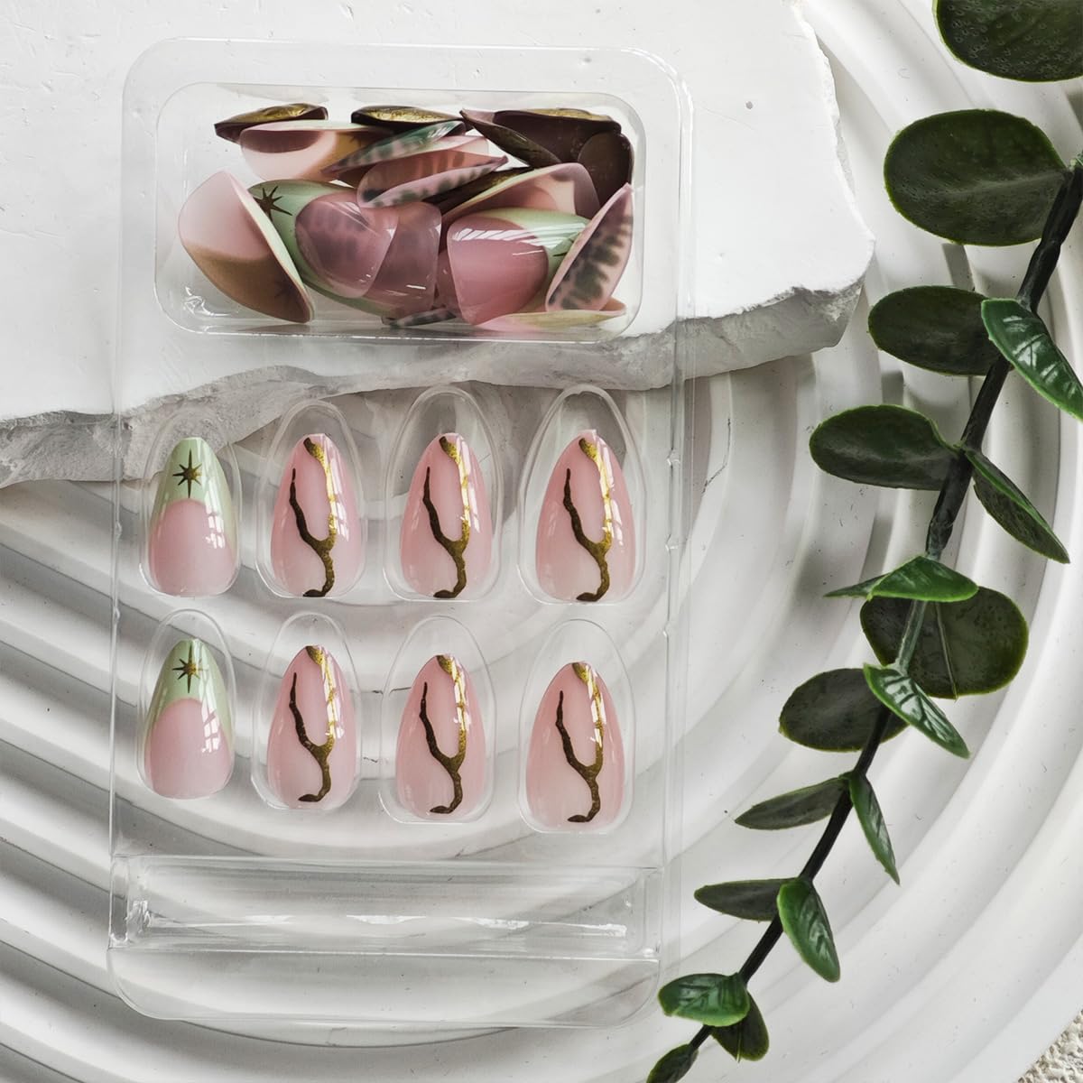 Green French Tip Press on Nails Short Almond Fake Nails Gold Line False Nails with Design Star Glue on Nails Glossy Artificial Acrylic Nail Full Cover Nude Stick on Nails for Women Manicure 30Pcs - Image 4