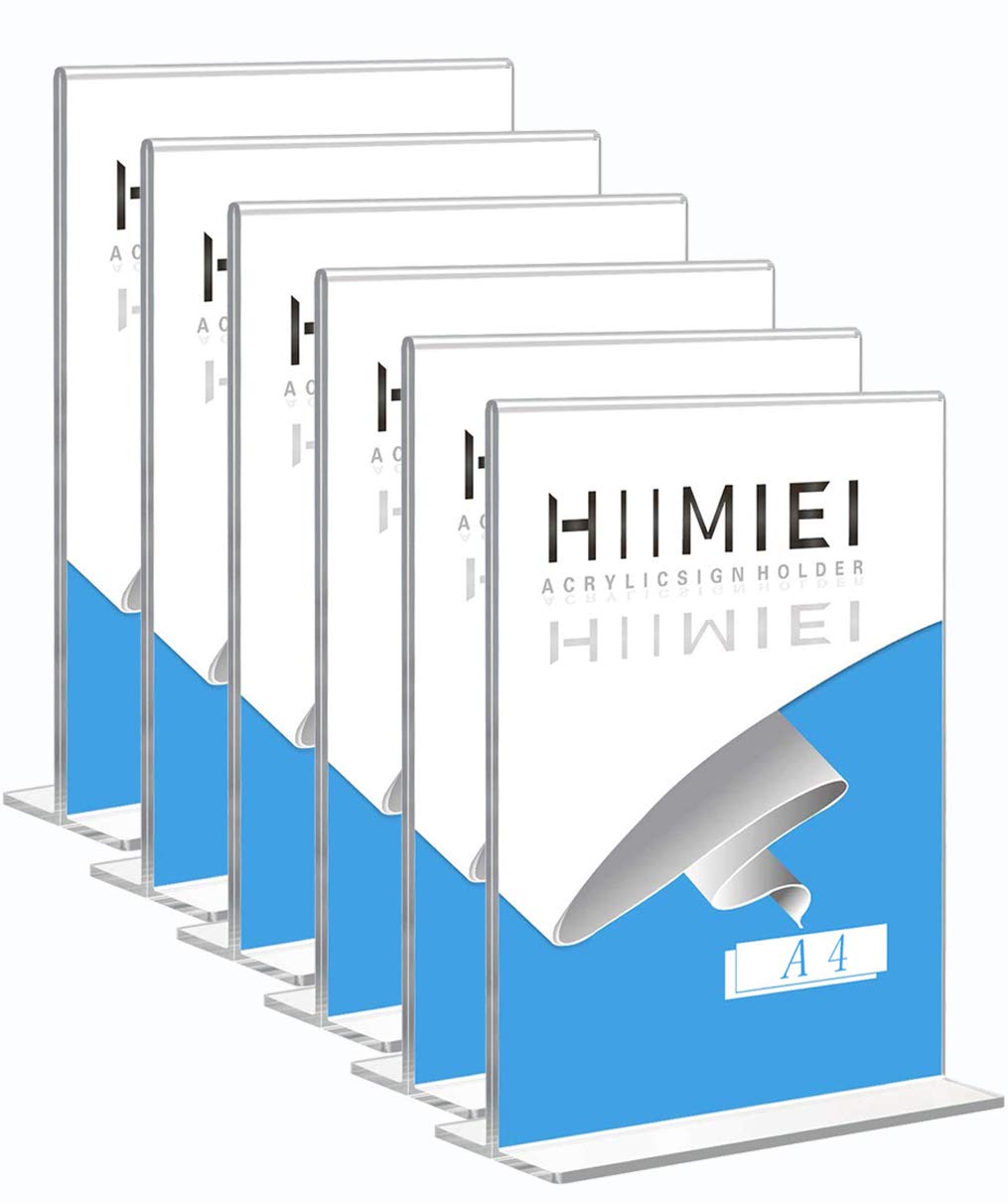 HIIMIEI A4 Acrylic Poster Menu Holder, Table Display Stand Sign Holder, Perspex Freestanding Menu Holder, Upright Double Sided Poster Holder(6 Pack)