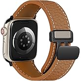 Leather Magnetic Watch Band Compatible with Apple Watch 46mm 45mm 44mm 42mm 41mm 40mm 38mm, Top Grain Designer Replacement Strap for Women Men iWatch Series 10/9/8/7/6/5/4/3/2/1/SE/Ultra 2